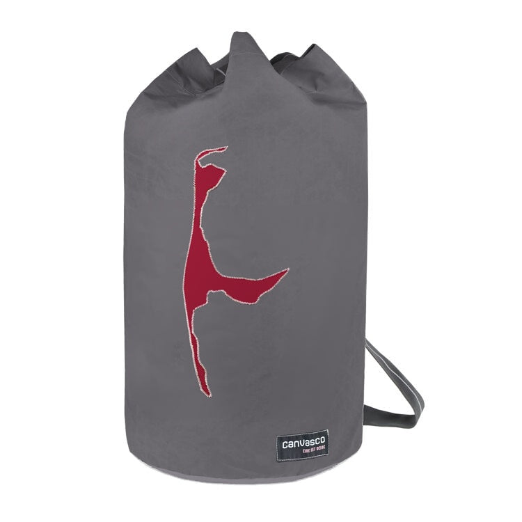 Graue Seasick-Tasche aus recyceltem Segeltuch mit roter Sylt-Applikation